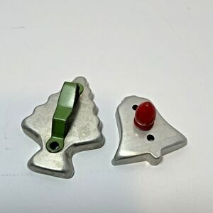 Lot of 2 Vintage Aluminum Christmas Cookie Cutters Red Green Handles Tree & Bell